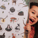 A child holding her woodland alphabet poster, smiling.